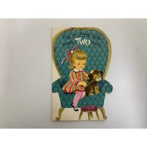 Girl in Armchair with Puppy, 2nd Birthday, Shape, Greeting Card, Hallmark, USED